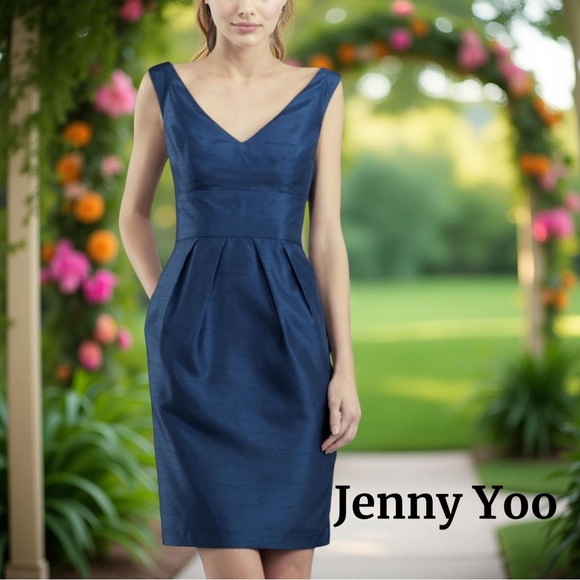 Jenny Yoo Blue Cotton Silk Blend Plunging Neckline Cocktail Dress Size 10 - Picture 11 of 11